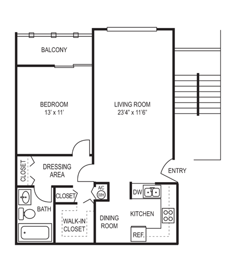Floor plan for 1 bed, 1 bath, 700 sqft